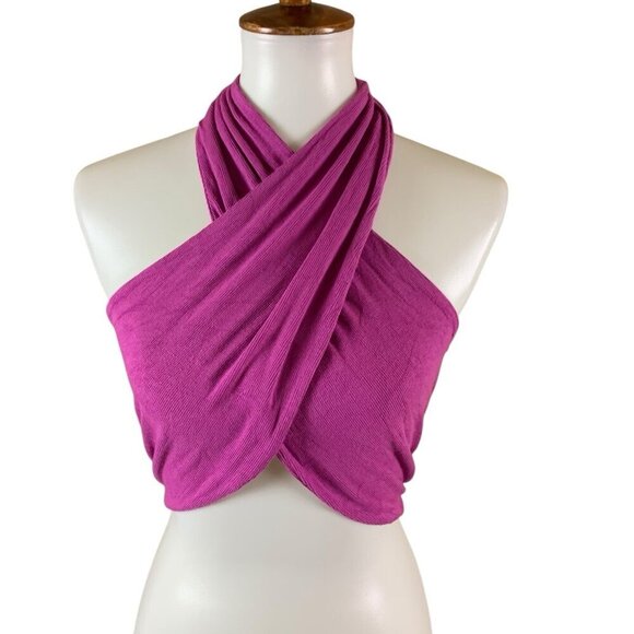 By DYLN Magenta Ribbed Wrap Halter Festival Crop Top Y2K XS - Picture 2 of 5